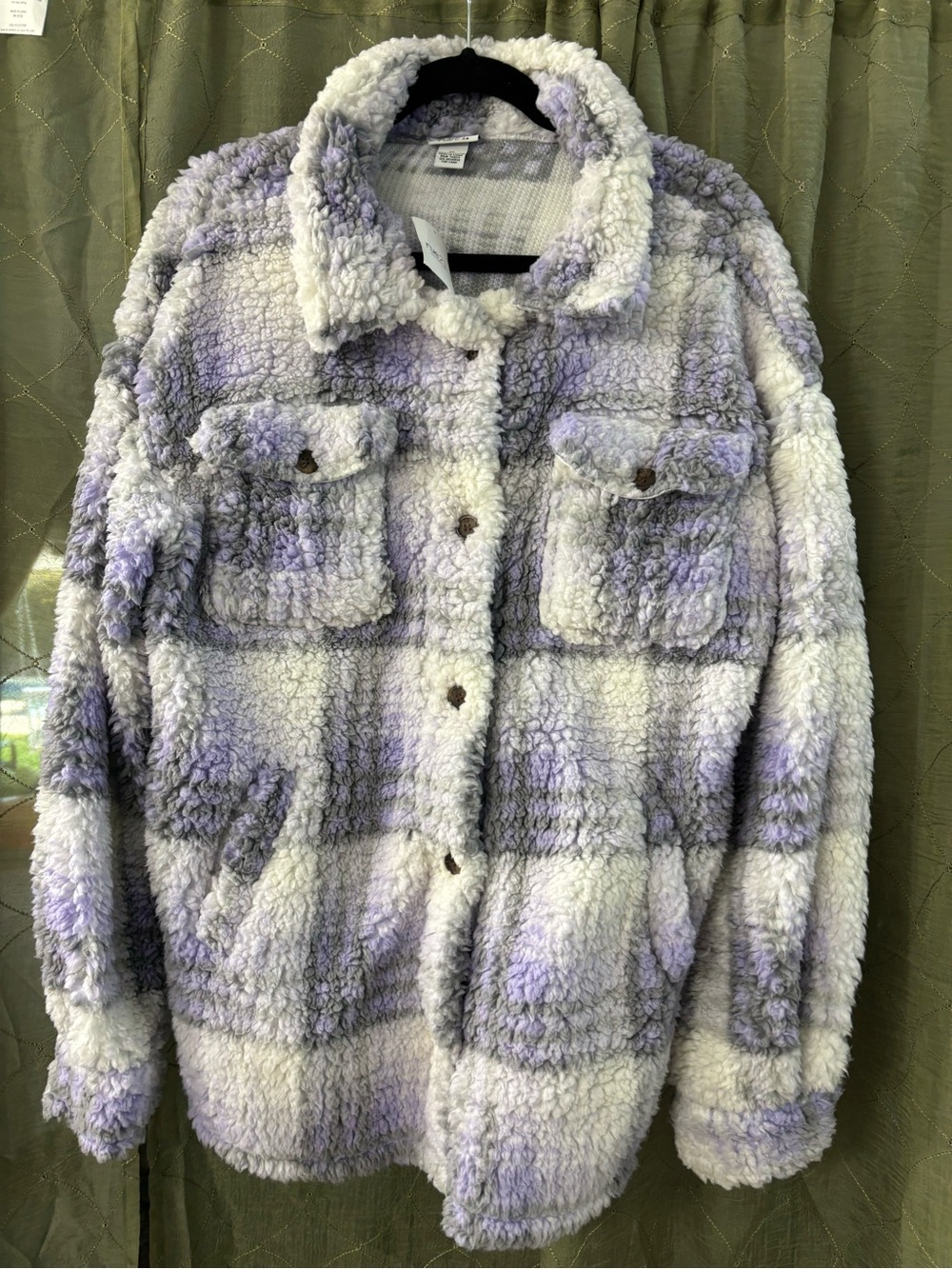 Women’s Plush Sherpa Jacket - Lavender/Gray and white plaid